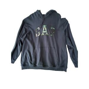 GAP Mens Hoodie Vintage XXL Sweatshirt Navy Blue/Green Plaid Logo Pocket